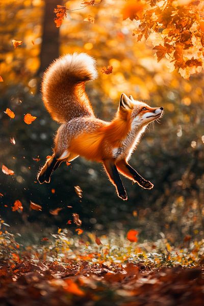 Fuchs springt durch herbstliche Blätter von Poster Art Shop