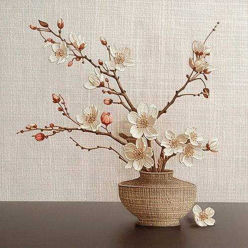 Nature morte mixte avec fleur de cerisier sur vase