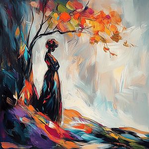 Frau unter Baum im Herbst