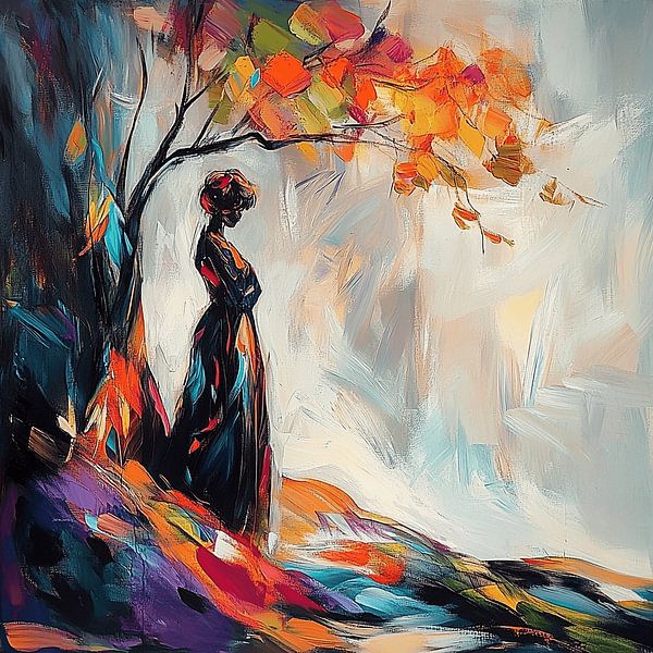 Woman under tree in Autumn by Karina Brouwer