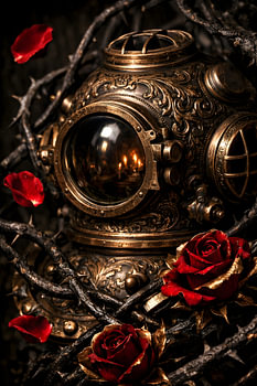 Antieke steampunk-duikershelm met rode roos in gotische stijl