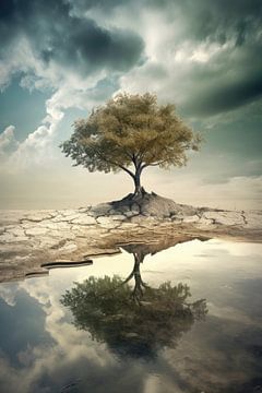 Eenzame boom in een surrealistisch landschap 6 van Digitale Schilderijen