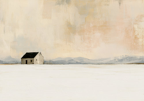 A minimalist winter landscape with a solitary house