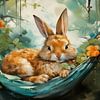 Lapin de Pâques dort dans des hamacs -Aquarelle -Peinture Design sur Animaflora PicsStock