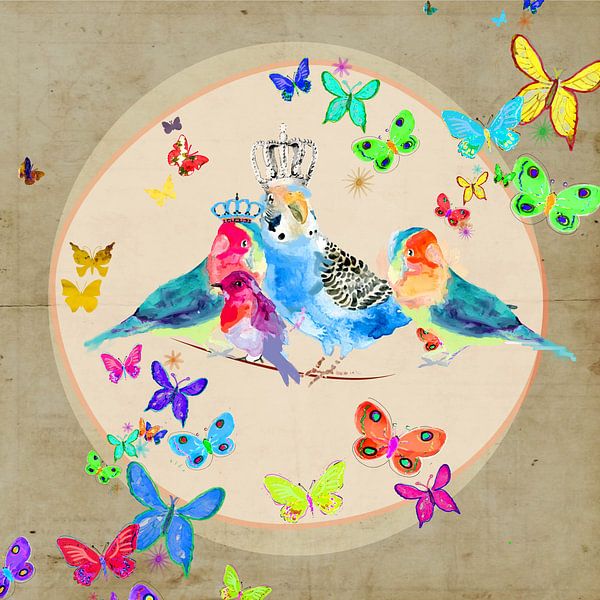 Vrolijke vogels met vlinders illustratie schilderij van Nicole Habets