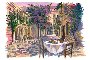 Straßenszene in Rethymno mit venezianischer Architektur und warmem Licht