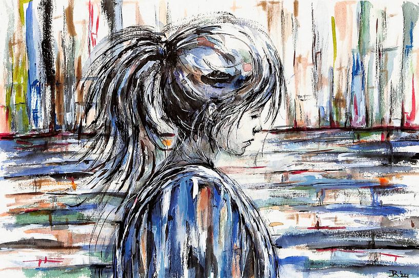 Portrait of a war child in front of the walls of her town. Hand-painted watercolour. by Ineke de Rijk