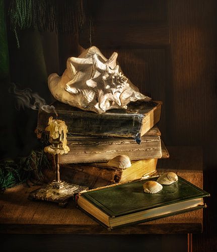 still life with an extinguished candle, books and seashells.
