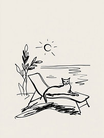 Cat on a Sunbed by the Sea – Minimal Line Art