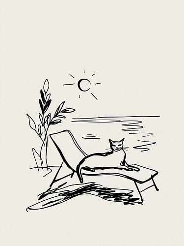 Katze auf der Sonnenliege am Meer – Minimalistische Line Art