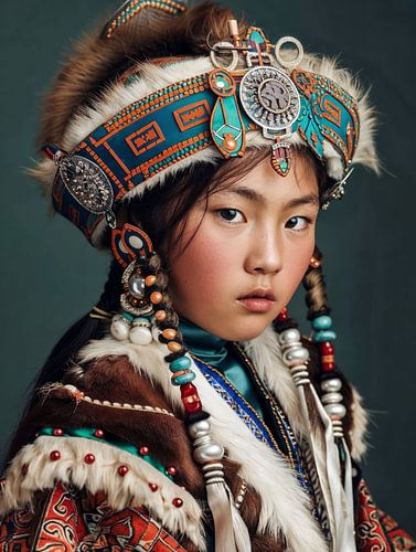 Portret van een Mongools meisje in traditionele klederdracht.