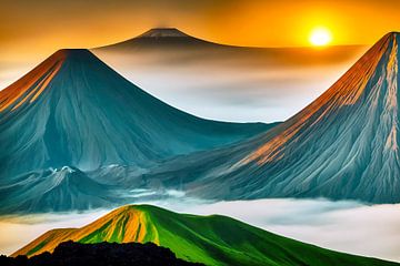 Surrealistisch landschap met vulkanen en opkomende zon van Frank Heinz