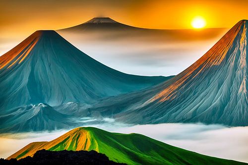 Surrealistisch landschap met vulkanen en opkomende zon