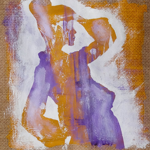 Silhouette einer Frau in Ocker, Lila und Weiß – Art-Journal-Seite, Acrylfarbe auf Jute