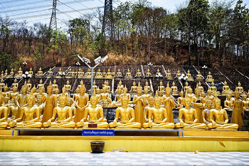 Golden statues lined up at Wat Phou Salao by Frank Photos