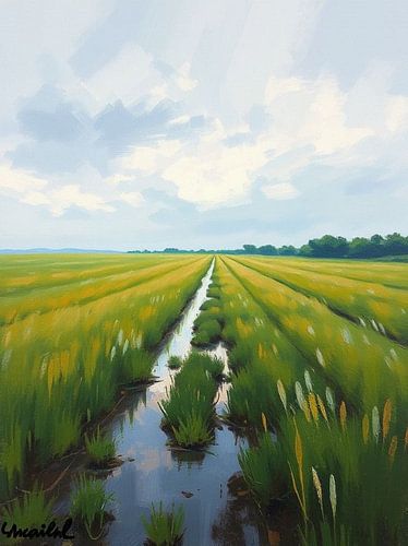 Een rustige reis door gouden velden: Een sereen landschapsschilderij van een graspad