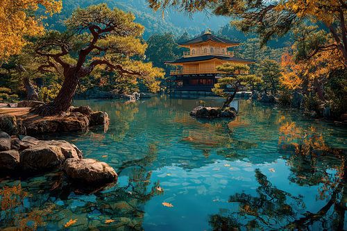 schilderachtig Japan waterlandschap met tempel