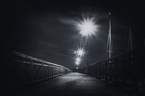Voetgangersbrug bij het meer van Zarnowitz in Polen op een warme zomeravond in zwart wit