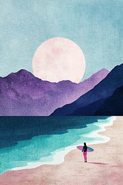 Surfer unter rosa Mond