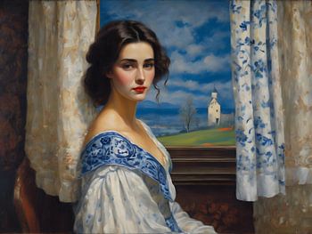 Een portret van een dame in een delfts blauw jurk