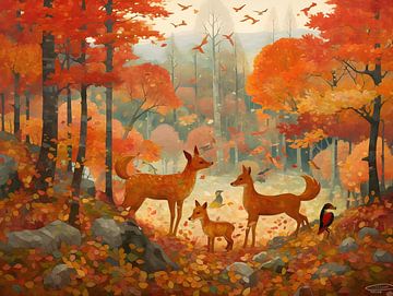 Famille de renards dans la forêt d'automne sur FJB