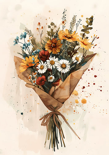 Bouquet rustique de fleurs sauvages aux couleurs chaudes d'aquarelle