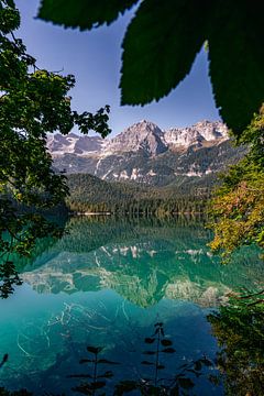 Bright green mountain lake, rock formations and foliage by Dafne Vos