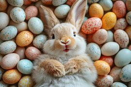 Schattige Pasen: Een Konijn Temidden van Kleurrijke Eieren