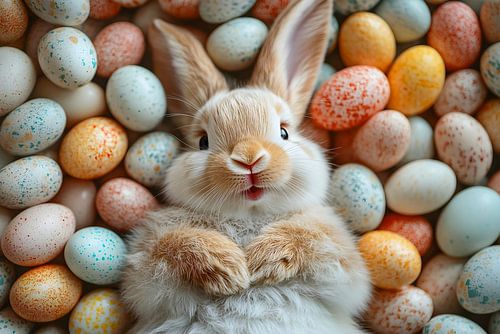 Pâques mignon : Un lapin au milieu d'œufs colorés