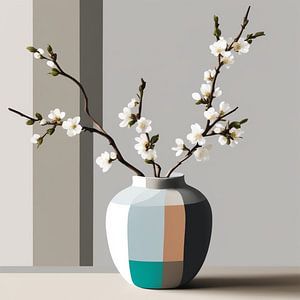 Minimalistische karierte Vase mit Blütenzweigen.