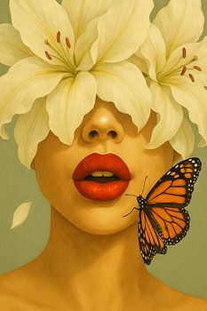 Femme avec des fleurs, des lèvres rouges et un papillon - art sensuel