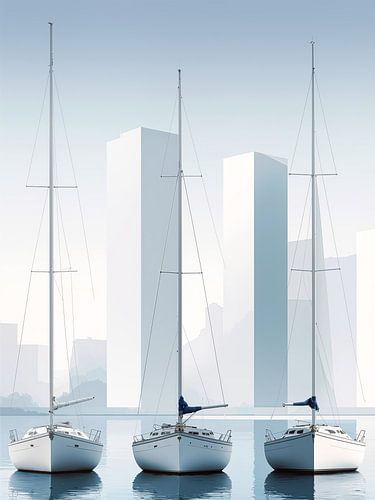 Segelboote vor urbaner Kulisse-01 von Rautenberg Digital Art Maritim