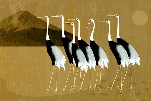 Japanse kraanvogels in landschap op okergeel