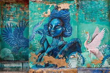 Straatkunst Colombia | Portret vrouw in blauw