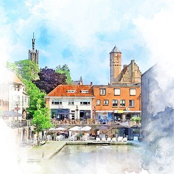 Watercolour image of the cosy surroundings of the old harbour of the historic town of Hulst, Zeeland Flanders