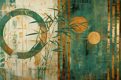 Gouden Glans op Abstract Blauwgroen Canvas