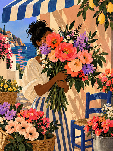 Bouquet by the Sea – Woman with Summer Flowers