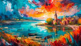Schilderij met bergen en meer