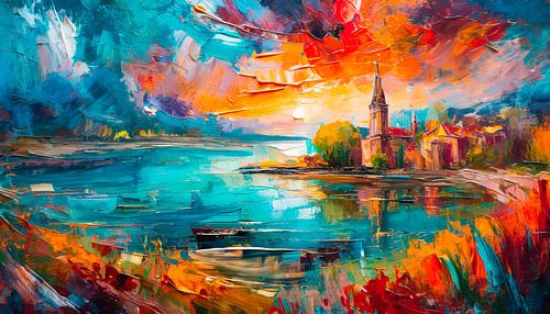 Schilderij met bergen en meer