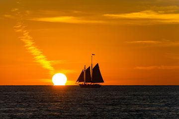 USA, Florida, Sailing ship next to orange sun as sunset near key west by adventure-photos