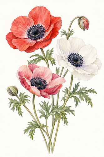 Rote Anemonen auf Off White – Botanik