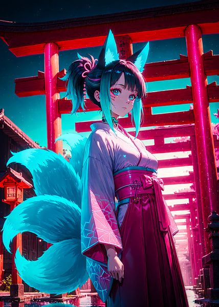 Anime Fox Girl Kitsune Kimono Japan Torii Gate par Ruzerin