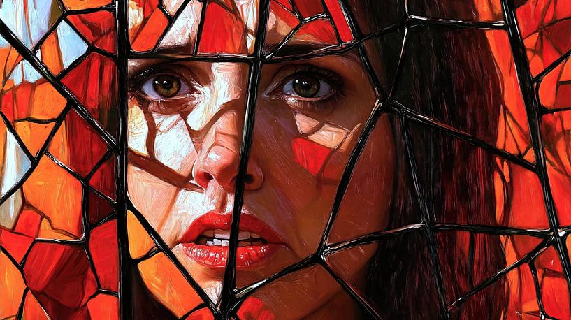 Frau hinter zersplittertem roten Glas von Frank Heinz
