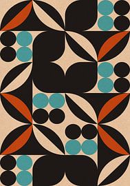 Retro 70er Jahre Wohnen. Abstrakte geometrische Kunst in Schwarz, Orange, Hellblau, Weiß I von Dina Dankers