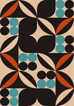 Retro jaren 70 wonen. Abstracte geometrische kunst in zwart, verbrand oranje, lichtblauw, wit I van Dina Dankers