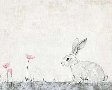 Rustig Schilderij van een Konijn en Bloemen van Zen en Meer