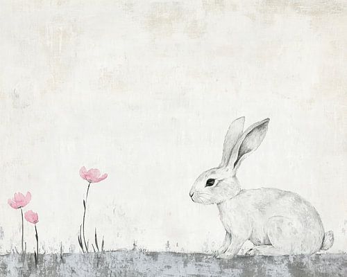 Peinture tranquille d'un lapin et de fleurs