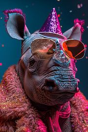 Colourful rhino in 70s disco birthday outfit by Poster Art Shop