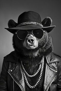 Portret van een beer met zonnebril en leren jack van Felix Brönnimann