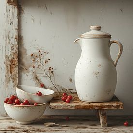 A still life of an old milk jug with white bowls and red berries. by J.a Dijkstra